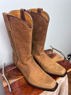 Rudel Rogers Western Tan Distressed Leather Square Toe Cowboy Boots Men’s USA 8E